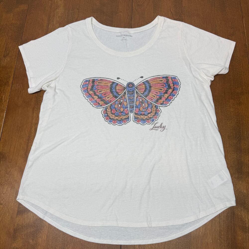 Lucky Brand Butterfly Graphic T-Shirt Women XL Marshmallow White Boho Tee